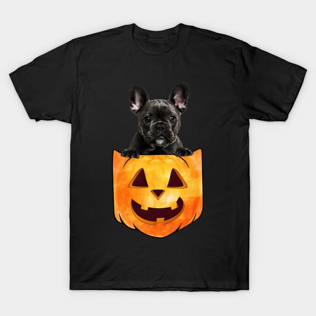 Black French Bulldog Dog In Pumpkin Pocket Halloween T-Shirt by nakaahikithuy